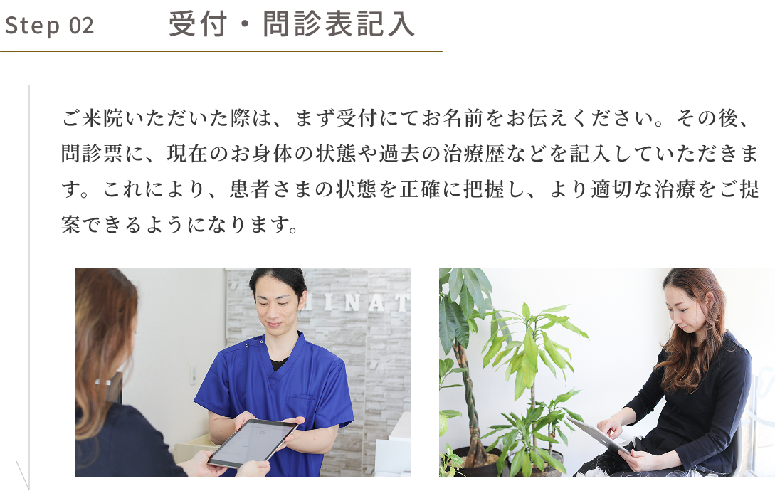 step02 受付・問診表記入　ご来院いただいた際は、まず受付にてお名前をお伝えください。その後、問診票に、現在のお身体の状態や過去の治療歴などを記入していただきます。これにより、患者さまの状態を正確に把握し、より適切な治療をご提案できるようになります。