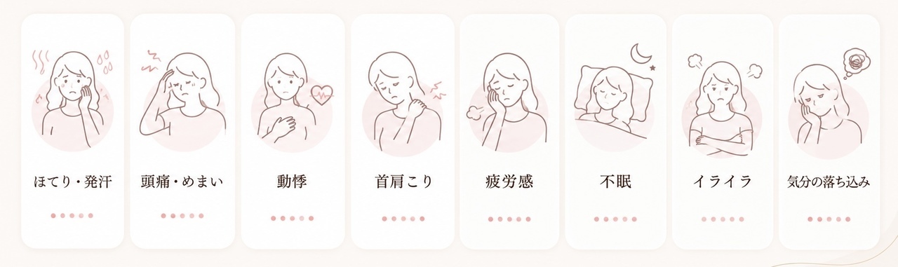ほてり、発汗、頭痛、めまい、動悸、首肩こり、疲労感、不眠、イライラ