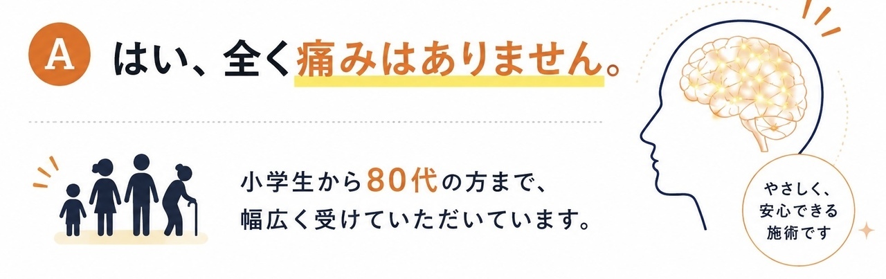 はい、全く痛みはありません。小学生から80代の方まで、幅広く受けていただいています。