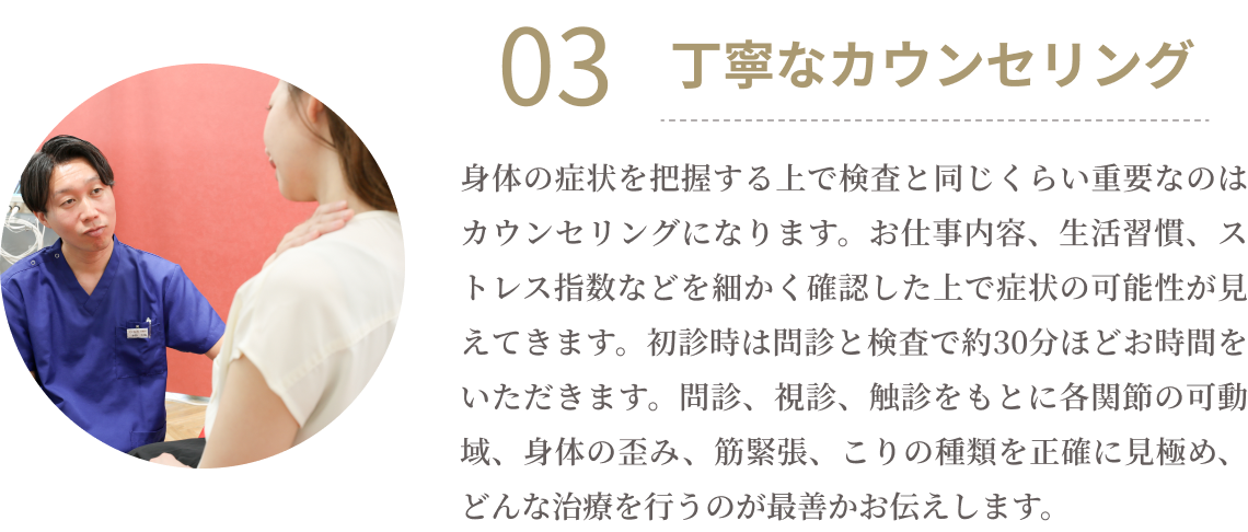 03丁寧なカウンセリング　身体の症状を把握する上で検査を同じくらい重要なのはカウンセリングになります。お仕事内容、生活習慣、ストレス指数などを細かく確認した上で症状の可能性が見えてきます。初診時は問診と検査で約30分ほどお時間をいただきます。問診、視診、触診をもとに各関節の可動域、身体の歪み、筋緊張、こりの種類を正確に見極め、どんな治療を行うのが最善かお伝えします。