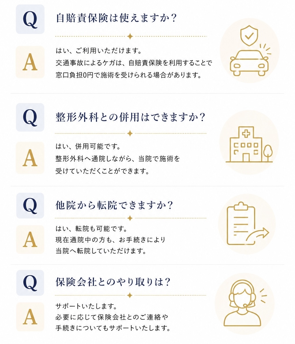 自賠責保険は使えますか？はい、ご利用いただけます。交通事故によるケガは、自賠責保険を利用することで窓口負担0円で施術を受けられる場合があります。整形外科との併用はできますか？はい、併用可能です。整形外科へ通院しながら、当院で施術を受けていただくことができます。他院から転院できますか？はい、転院も可能です。現在通院中の方も、お手続きにより当院へ転院していただけます。保険会社とのやり取りは？サポートいたします。必要に応じて保険会社とのご連絡や手続きについてもサポートいたします。