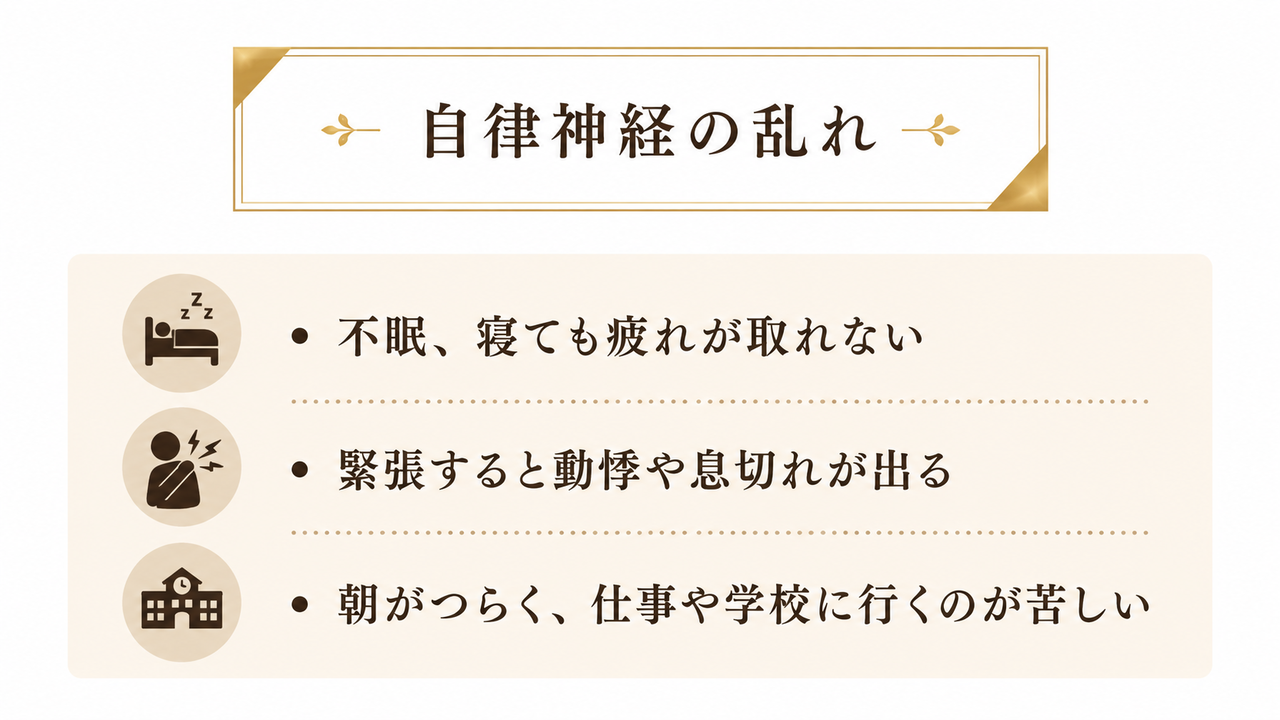 不眠、寝ても疲れが取れない、緊張すると動悸や息切れが出る、朝がつらく、仕事や学校に行くのが苦しい
