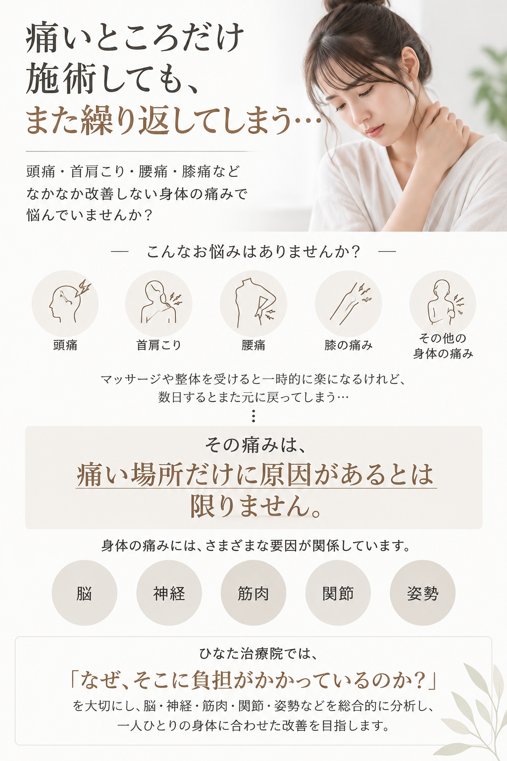 『痛いところ』だけを施術しても繰り返してしまう痛み。頭痛・首肩こり・腰痛・膝痛など身体の痛みがなかなか改善しない。マッサージや整体を受けると一時的に楽になるけれど、数日するとまた元に戻ってしまう。そんな経験はありませんか？ 身体の痛みは、筋肉や関節だけで起こっているとは限りません。筋肉・関節・骨格だけでなく、『脳』と『神経』の働きまで含めて原因を考えることが大切です。ひなた治療院では、痛みのある場所だけを見るのではなく、「なぜ、その場所に負担がかかっているのか？」を脳・神経・筋肉・関節・姿勢などから総合的に分析し、身体の状態に合わせた改善を目指します。