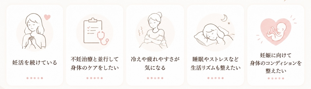 妊活を続けている、不妊治療、冷えや疲れやすい、睡眠やストレス窓生活リズムを整えたい