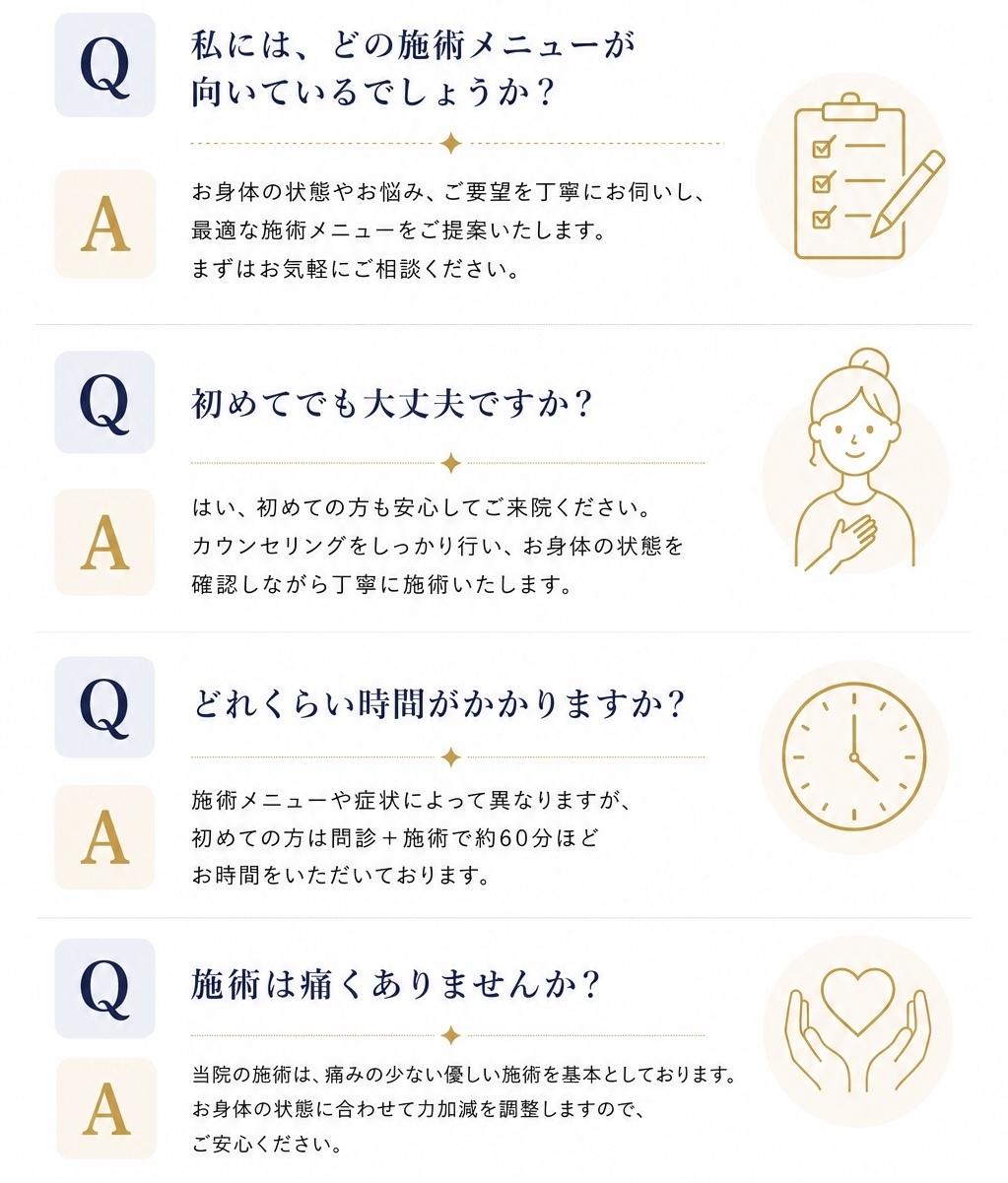 私にはどの施術が向いてるのでしょうか？身体の状態やお悩み、ご要望を丁寧にお伺いし、最適な施術メニューをご提案いたします。まずはお気軽にご相談ください。初めてでも大丈夫ですか？はい、初めての方も安心してご来院ください。カウンセリングをしっかり行い、お身体の状態を確認しながら丁寧に施術いたします、どのくらい時間がかかりますか？施術メニューや症状によって異なりますが初めての方は問診＋施術で約６０分ほどお時間をいただいております。施術は痛くありませんか？当院の施術は痛みの少ない優しい施術を基本としております、お身体の状態に合わせて力加減を調整しますのでご安心ください
