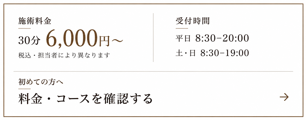 施術料金30分6000円〜　受付時間平日８：３０〜２０：００　土日８：３０〜１９：００　料金・コースを確認する