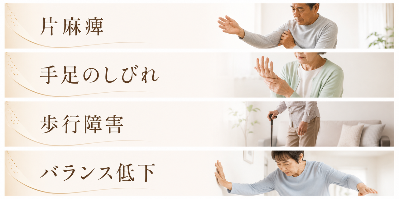 片麻痺、手足のしびれ、歩行障害、バランス低下