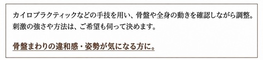 カイロプラクティックなどの手技を用い、骨盤や全身の動きを確認しながら調整。刺激の強さや方法は、ご希望も伺って決めます。 骨盤まわりの違和感・姿勢が気になる方に。
