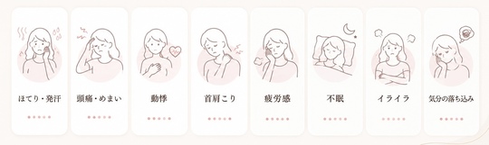 ほてり、発汗、頭痛、めまい、動悸、首肩こり、疲労感、不眠、イライラ