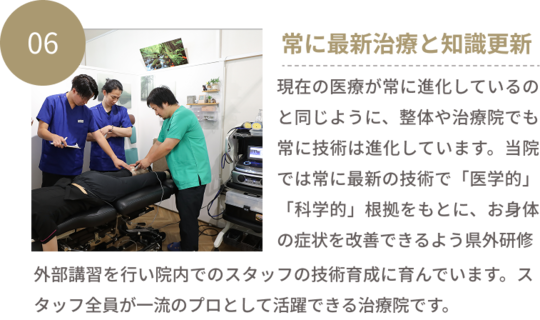 06常に最新技術・知識更新　現在の医療が常に進化しているのと同じように、整体や治療院でも常に技術は進化しています。当院では常に最新の技術で「医学的」「科学的」根拠をもとに、お身体の症状を改善できるように県外研修、外部講習を行い院内でのスタッフの技術育成に育んでいます。スタッフ全員が一流のプロとして活躍できる治療院です。