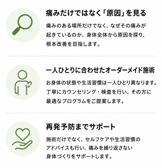 痛みだけでなく原因を見る。痛みのある場所だけでなく、なぜその痛みが起きているのか、身体全体から原因を探り根本改善を目指します。一人ひとりに合わせたオーダーメイド施術。お身体の状態や生活習慣は一人ひとり異なります。丁寧にカウンセリング・検査を行い最適なプログラムをご提案します。再発予防までサポート。施術だけでなく、セルフケアや生活習慣のアドバイスも行い痛みを繰り返さない身体づくりをサポートします。