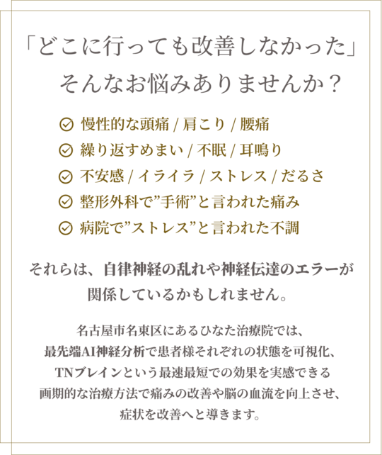 最先端AI神経分析×最先端TNブレイン「どこに行っても改善しなかった」そんなお悩みありませんか？慢性的な頭痛・肩こり／繰り返すめまい・不眠・耳鳴り／不安感・イライラ・ストレス／腰痛・だるさ・朝がつらい／整形外科で「手術が必要」と言われた痛み／病院で「ストレス」と言われた不調　それらはもしかすると、自律神経の乱れや神経伝達のエラーが関係しているかもしれません。名古屋市名東区にあるひなた治療院では、最先端AI神経分析で患者様それぞれの状態を可視化し、TNブレインという最速最短での効果を実感できる画期的な治療方法で痛みの改善や脳の血流を向上させる症状を改善へと導きます。