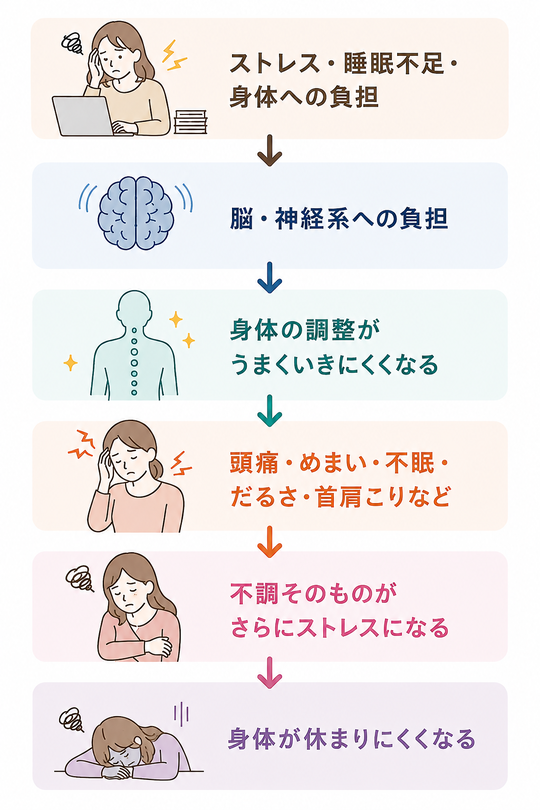 ストレス・睡眠不足・身体への負担、脳・神経系への負担、身体の調整がうまくいきにくくなる、頭痛・めまい・不眠・だるさ・首肩こりなど、不調そのものがさらにストレスになる、また身体が休まりにくくなる、