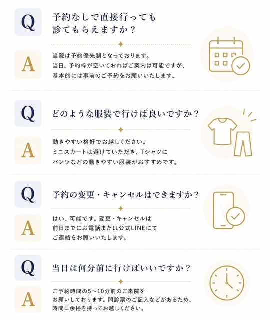 予約なしで直接行っても診てもらえますか？当院は予約優先制となっております。当日、予約枠が空いておればご案内は可能ですが、基本的には事前のご予約をお願いいたします。どのような服装で行けばいいですか？動きやすい格好でお越しください。ミニスカートは避けていただき、Ｔシャツにパンツなどの動きやすい服装がおすすめです。予約の変更・キャンセルはできますか？はい、可能です。変更・キャンセルは前日までにお電話または公式LINEにてご連絡をお願いいたします。当日は何分前に行けばいいですか？ご予約時間の5～10分前のご来院をお願いしております。問診票のご記入などがあるため、時間に余裕を持ってお越しください。