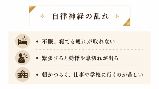 不眠、寝ても疲れが取れない、緊張すると動悸や息切れが出る、朝がつらく、仕事や学校に行くのが苦しい