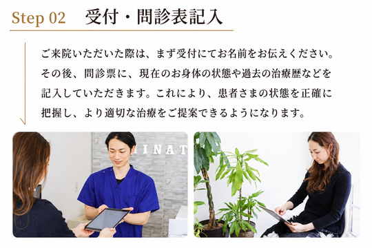 step02 受付・問診表記入　ご来院いただいた際は、まず受付にてお名前をお伝えください。その後、問診票に、現在のお身体の状態や過去の治療歴などを記入していただきます。これにより、患者さまの状態を正確に把握し、より適切な治療をご提案できるようになります。