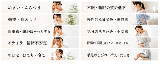 めまい、ふらつき、不眠、睡眠の質の低下、動悸、息苦しさ、慢性的な疲労感、倦怠感、頭重感、頭がぼーっとする、気分の落ち込み、不安感、イライラ、情緒不安定、胃腸の不調、胃もたれ、便秘、下痢、のぼせ、ほてり、手足のしびれ、冷え症、だるさ