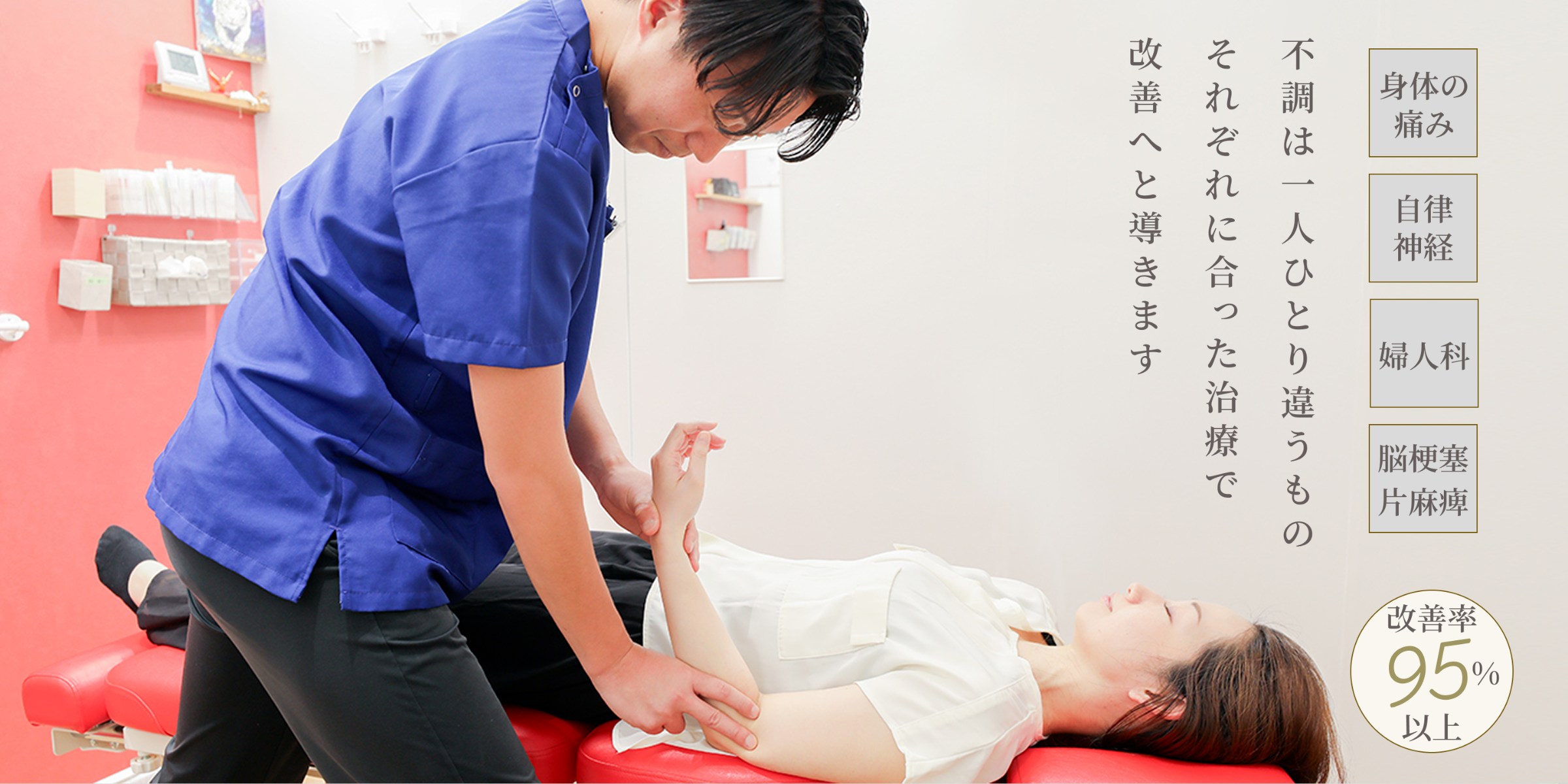 不調は一人ひとり違うもの。それぞれに合った治療で改善へと導きます/身体の痛み/自律神経/婦人科/脳梗塞片麻痺/改善率95％i以上